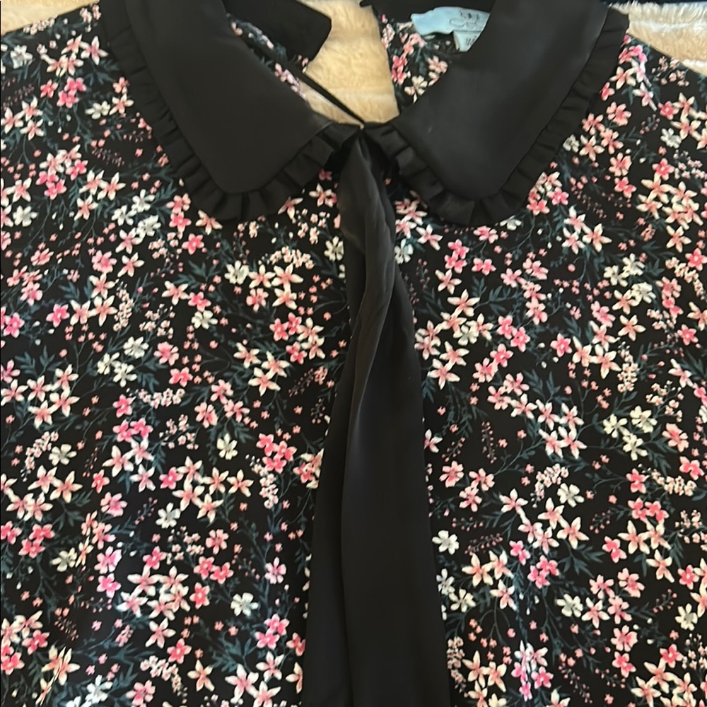 CeCe Black Sleeveless Blouse with Tie Front and Peter Pan Collar
